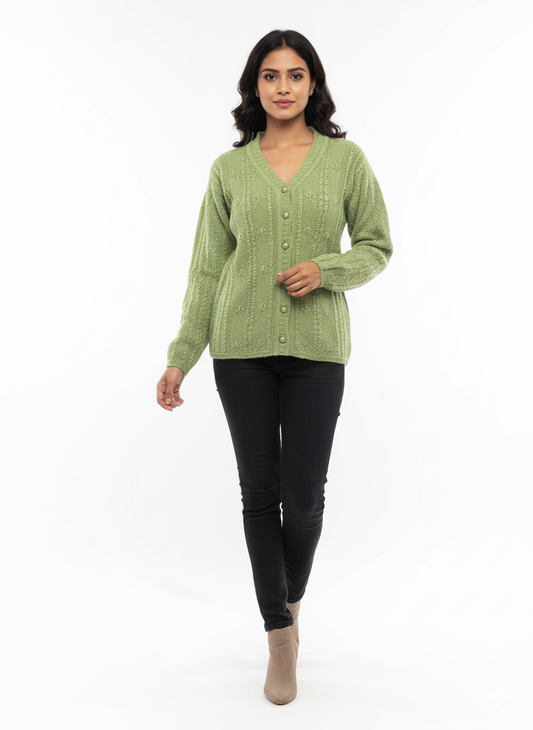 KRITI Winter Stylish Rainbow Cardigan Green Color For Women
