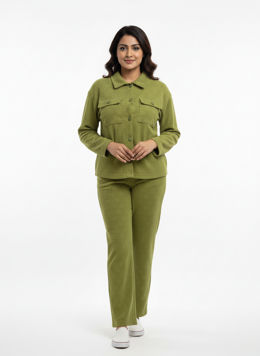 KRITI Winter Cotrise Cord Set olive color For Women