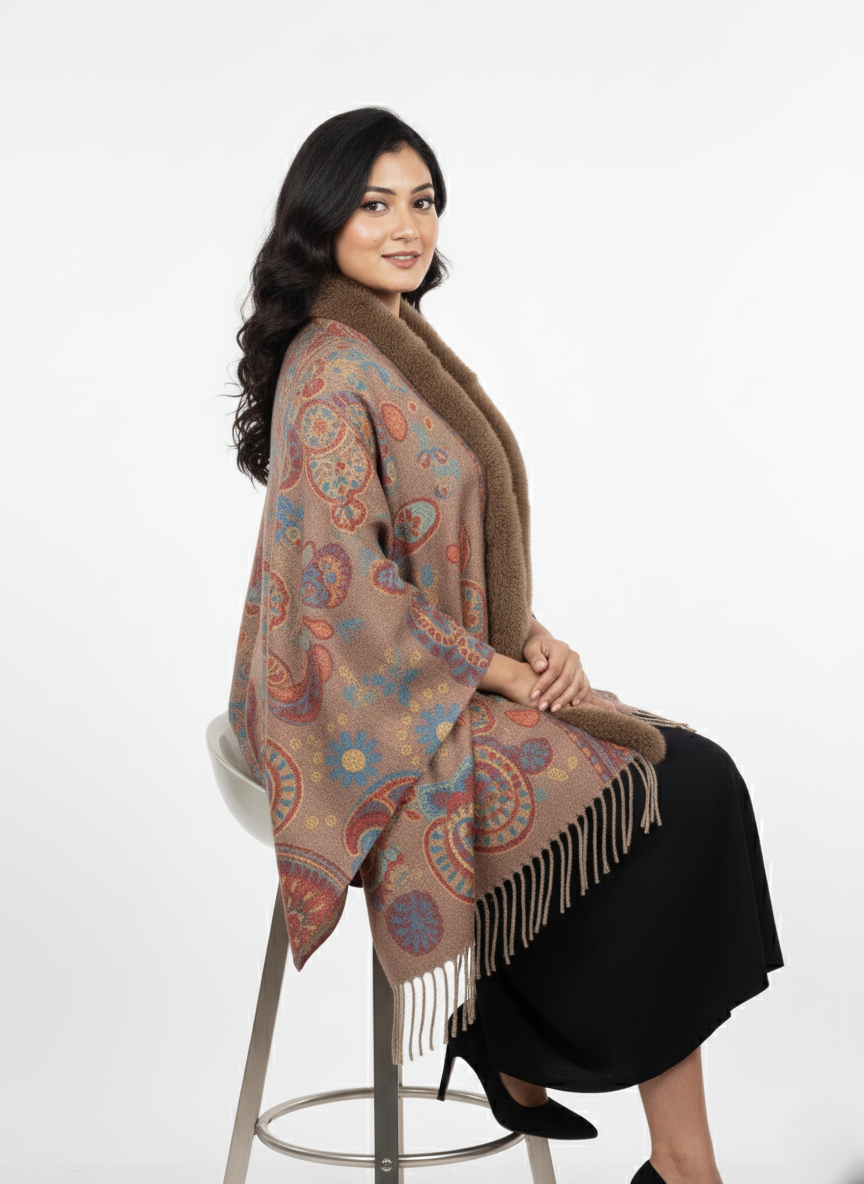 महिलाओं के लिए शानदार पैस्ले प्रिंटेड पोंचो केप, फॉक्स फर ट्रिम के साथ | गर्म बहुरंगी ऊनी मिश्रण आउटरवियर