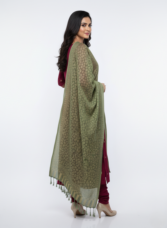 KRITI Floral Design Woolen Green Color Stole For Women Winterwear