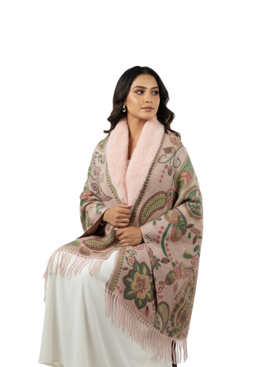 महिलाओं के लिए शानदार पैस्ले प्रिंटेड पोंचो केप, फॉक्स फर ट्रिम के साथ | गर्म बहुरंगी ऊनी मिश्रण आउटरवियर