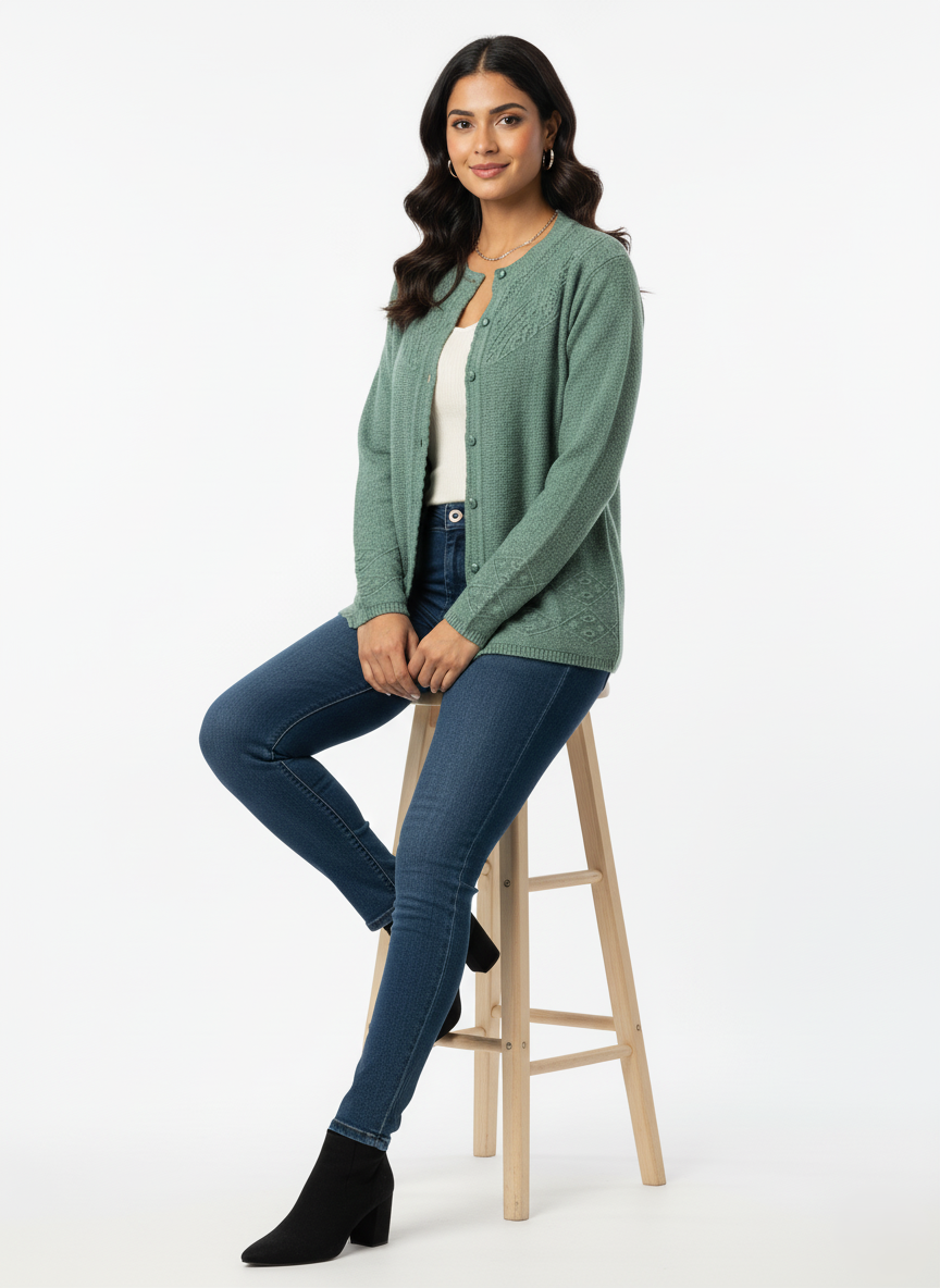 KRITI Winter Rainbow Embroidery Cardigan Green Color For Women