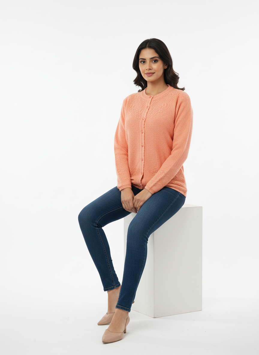 KRITI Winter Rainbow Embroidery Cardigan Peach Color For Women