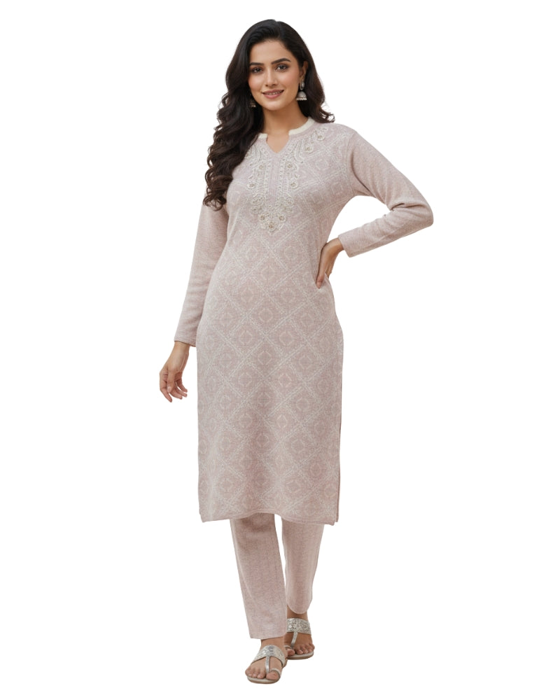 KRITI Women’s Woollen 3-Piece Embroidered Kurti Set with Bottom & Stole – Premium Winterwear | Soft Knitted Kurti, Bottom & Stole Suit Set Pale Pink Color | M-XXL Size