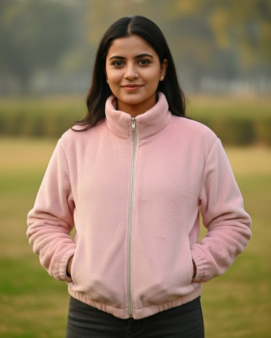 KRITI Women’s Premium Wool Blend Faux Fur Light Pink Color Winter Jacket