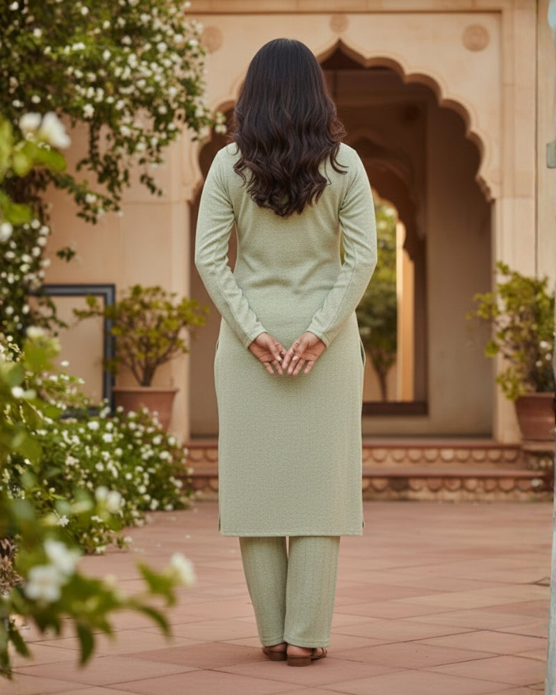 KRITI Women’s Woollen 3-Piece Embroidered Kurti Set with Bottom & Stole – Premium Winterwear | Soft Knitted Kurti, Bottom & Stole Suit Set Pista Color | M-XXL Size