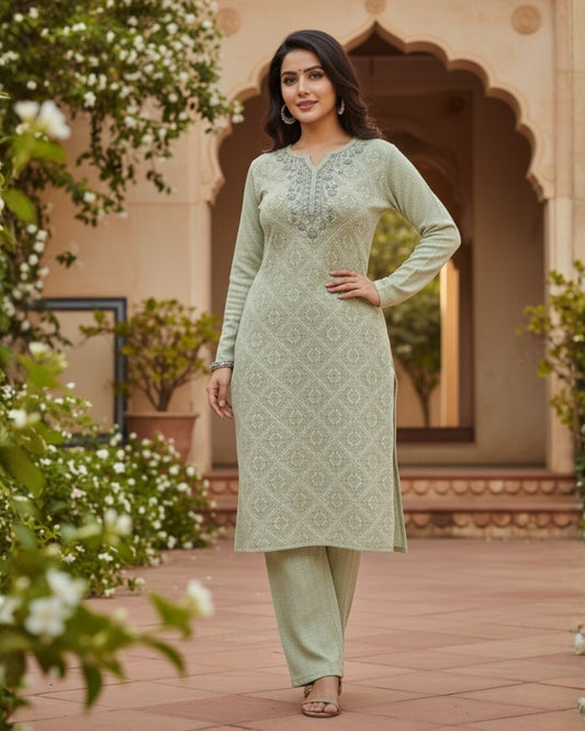 KRITI Women’s Woollen 3-Piece Embroidered Kurti Set with Bottom & Stole – Premium Winterwear | Soft Knitted Kurti, Bottom & Stole Suit Set Pista Color | M-XXL Size