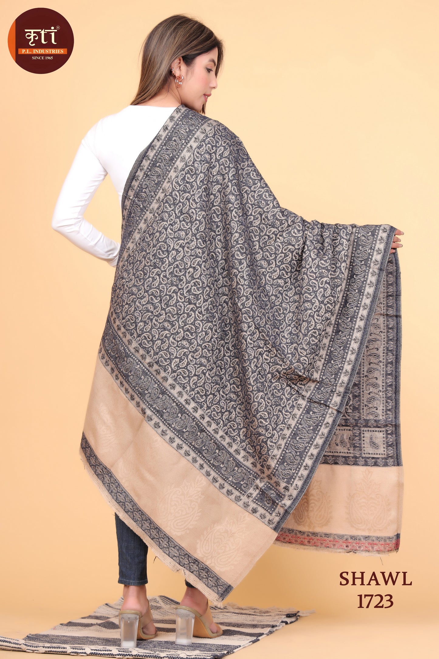 KRITI Floral Pattern Woollen Black Beige Color Shaw For Women