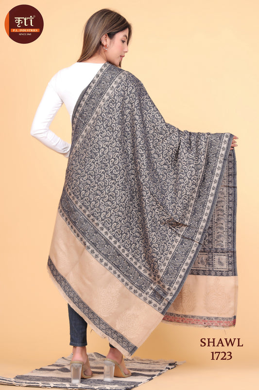 KRITI Floral Pattern Woollen Black Beige Color Shaw For Women