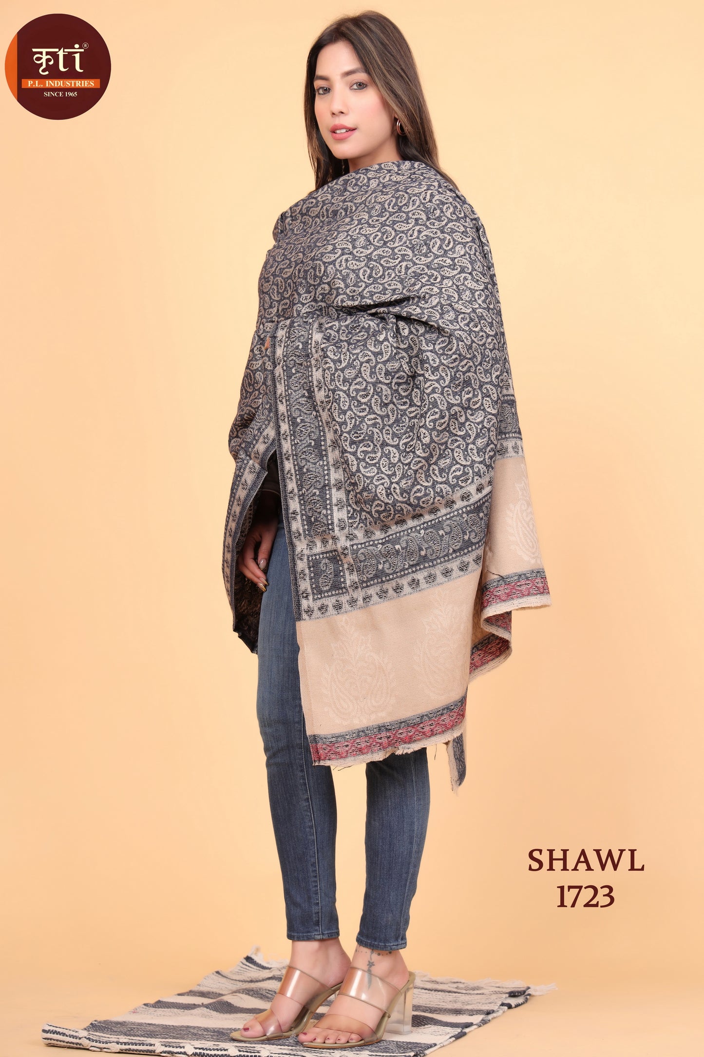 KRITI Floral Pattern Woollen Black Beige Color Shaw For Women