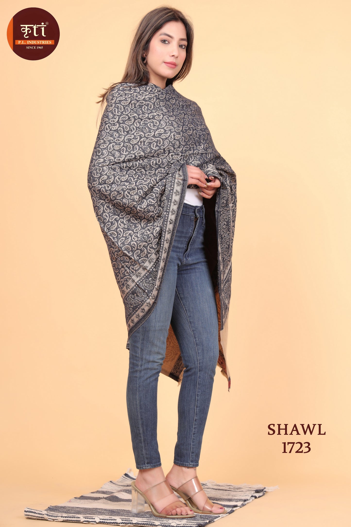 KRITI Floral Pattern Woollen Black Beige Color Shaw For Women