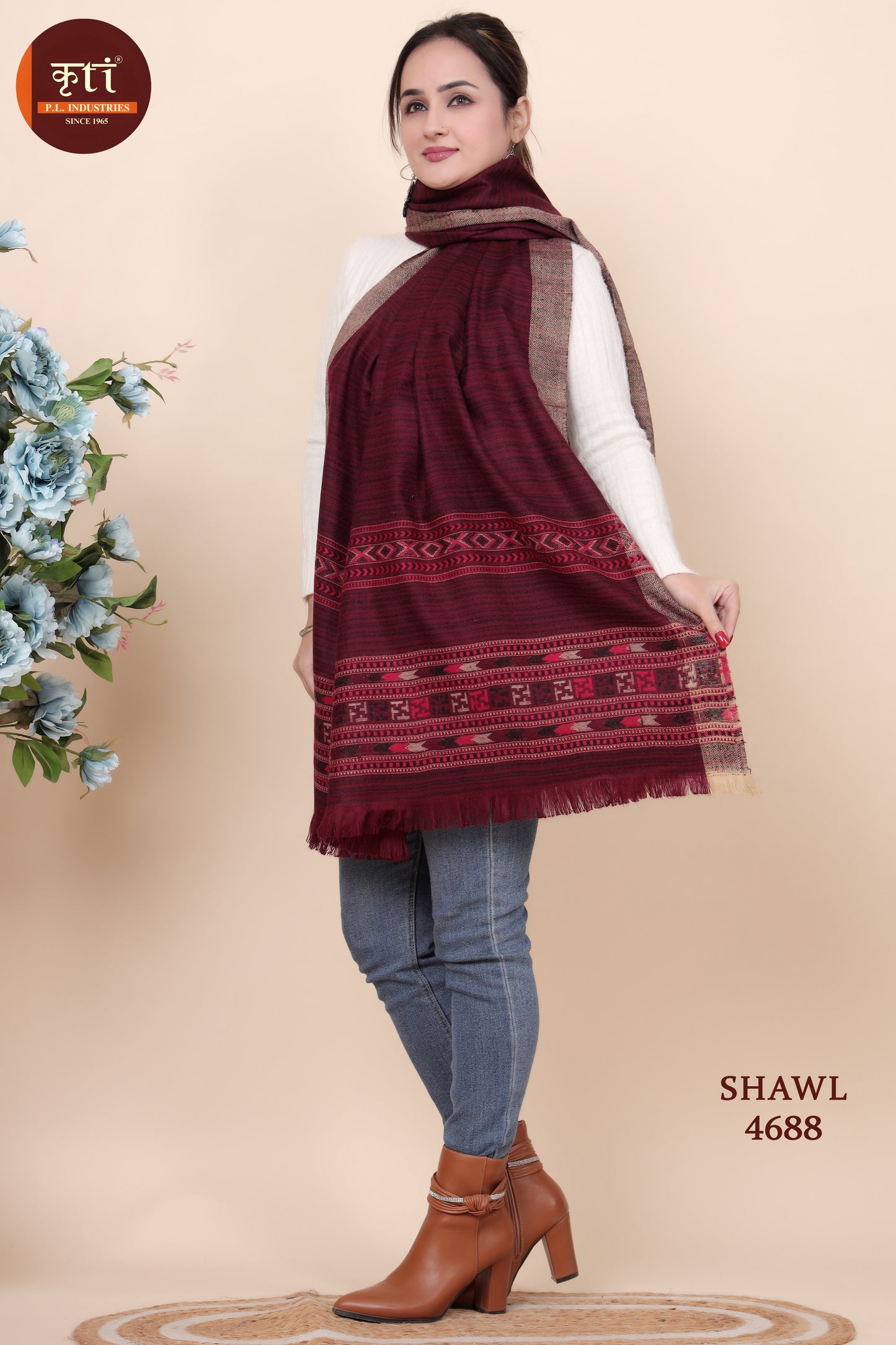 KRITI Border Design Woollen Maroon Color Shawl for Women
