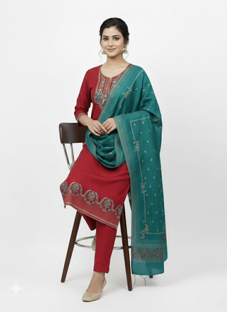 KRITI Winter Woolen Unstitched Suit Maroon Color For Women