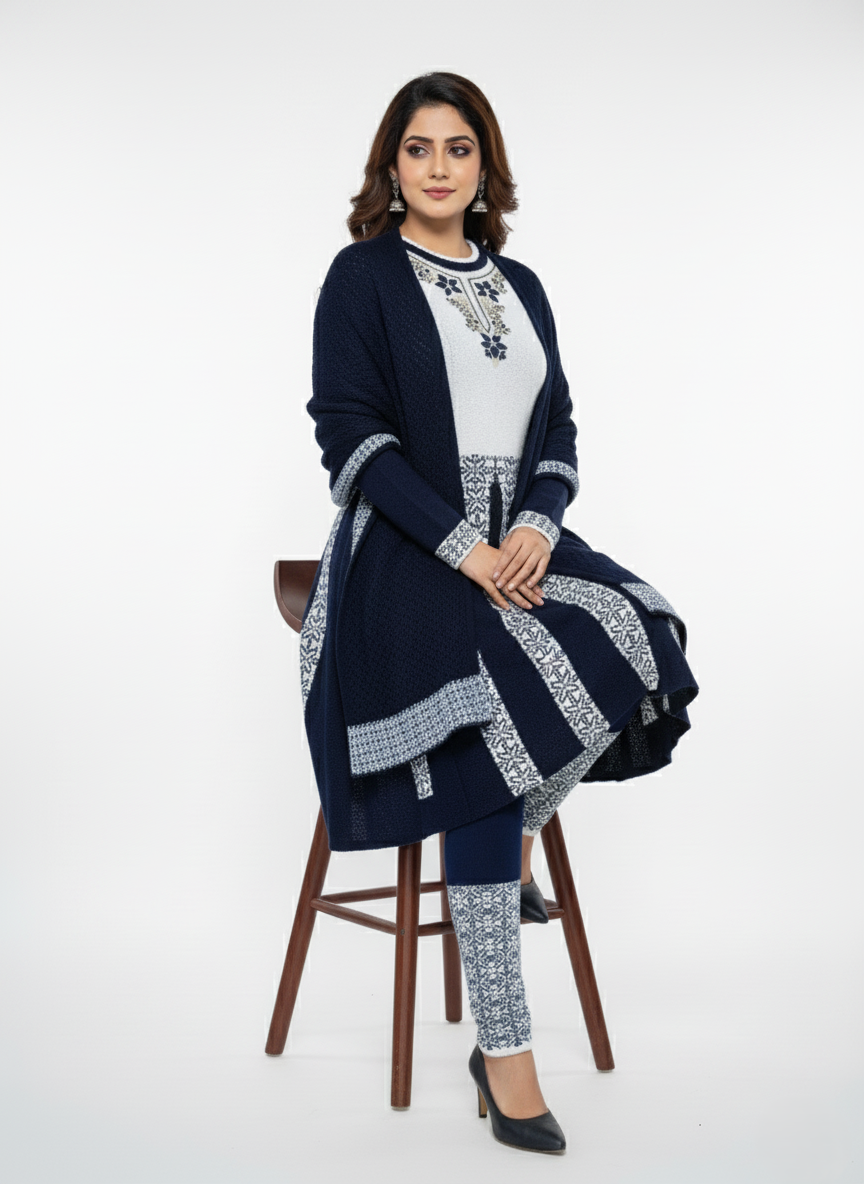KRITI Winter Embroidery 3 PC Kurti Set Navy Color For Women