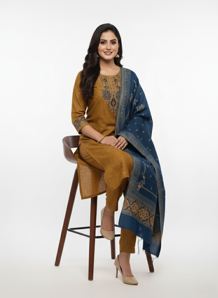 KRITI Winter Woolen Unstitched Suit Mustard Color For Women