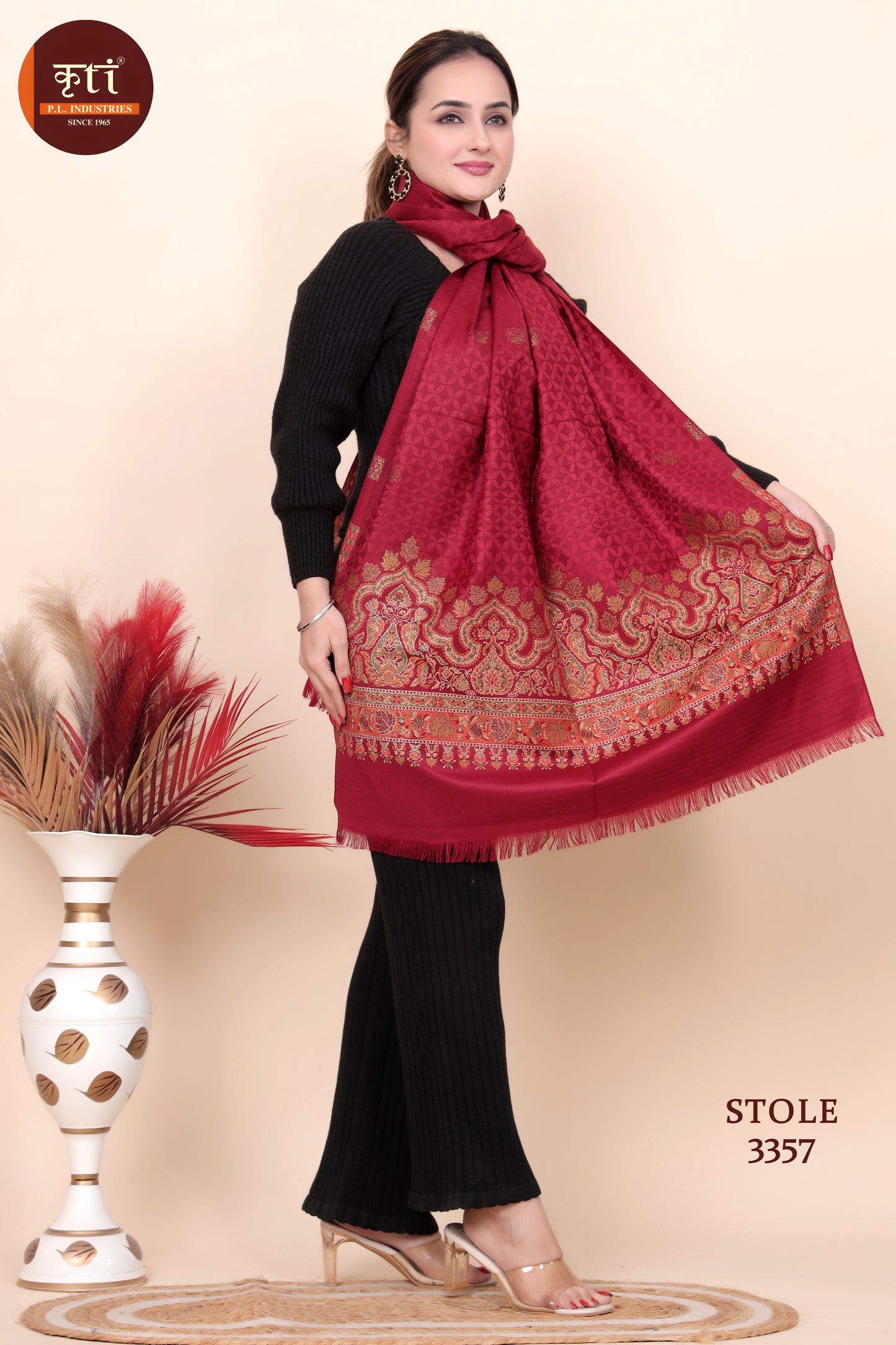 KRITI Jacquard Design Woollen Maroon Color Stole for Girl