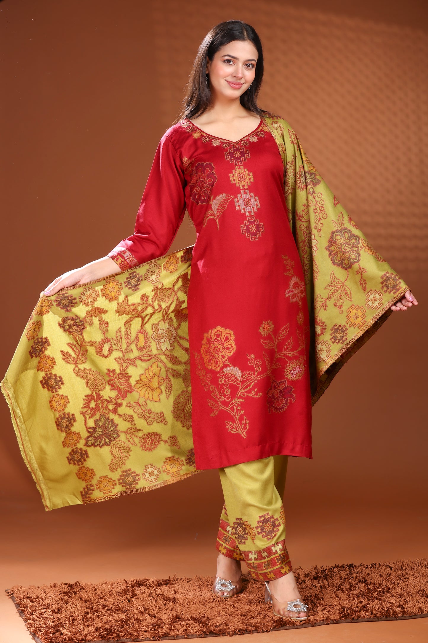 KRITI Woolen Unstitched Winter Suit with Olive and Red Floral Color For Women