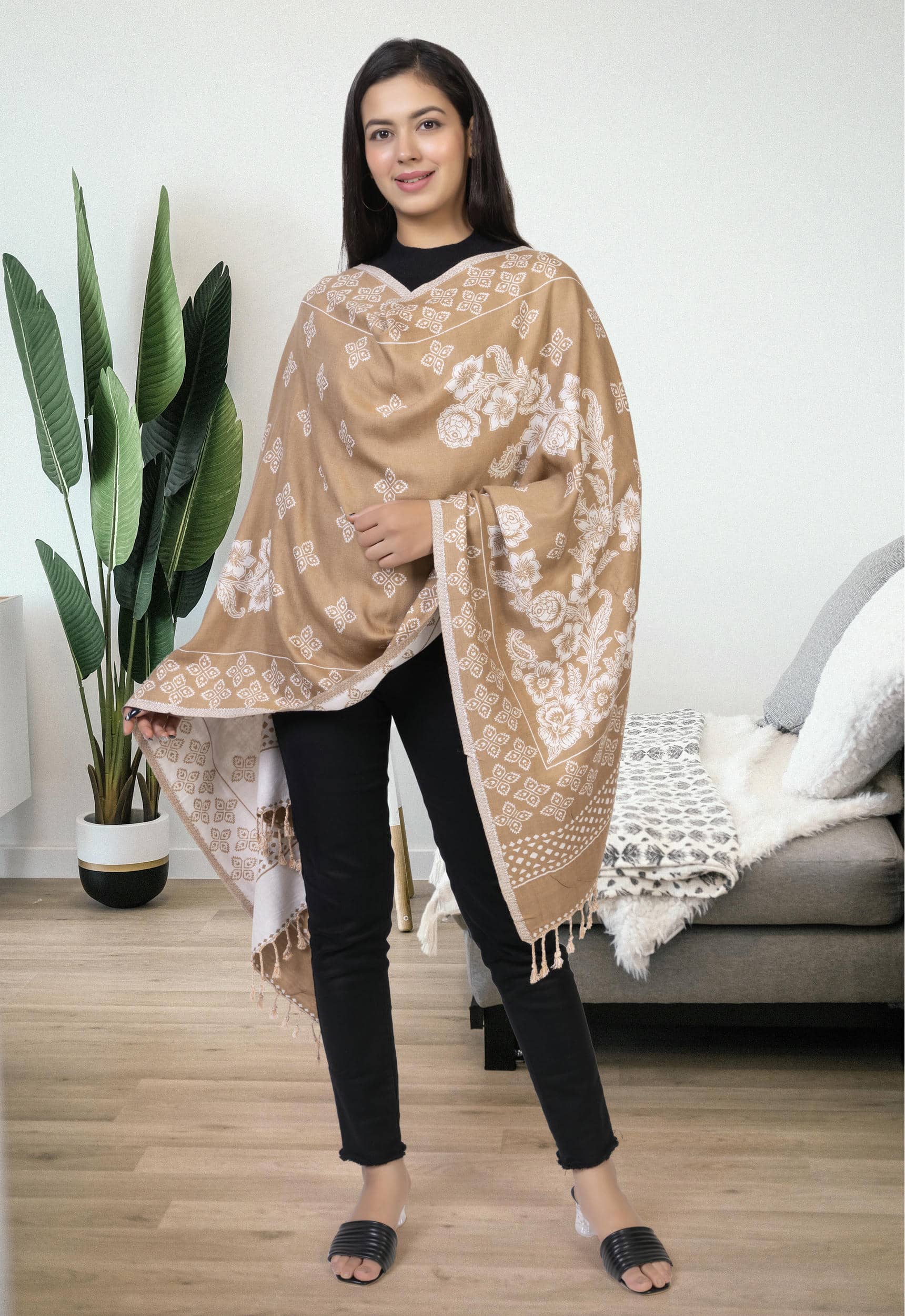 KRITI Floral Design Woollen Beige Color Stole For Girl