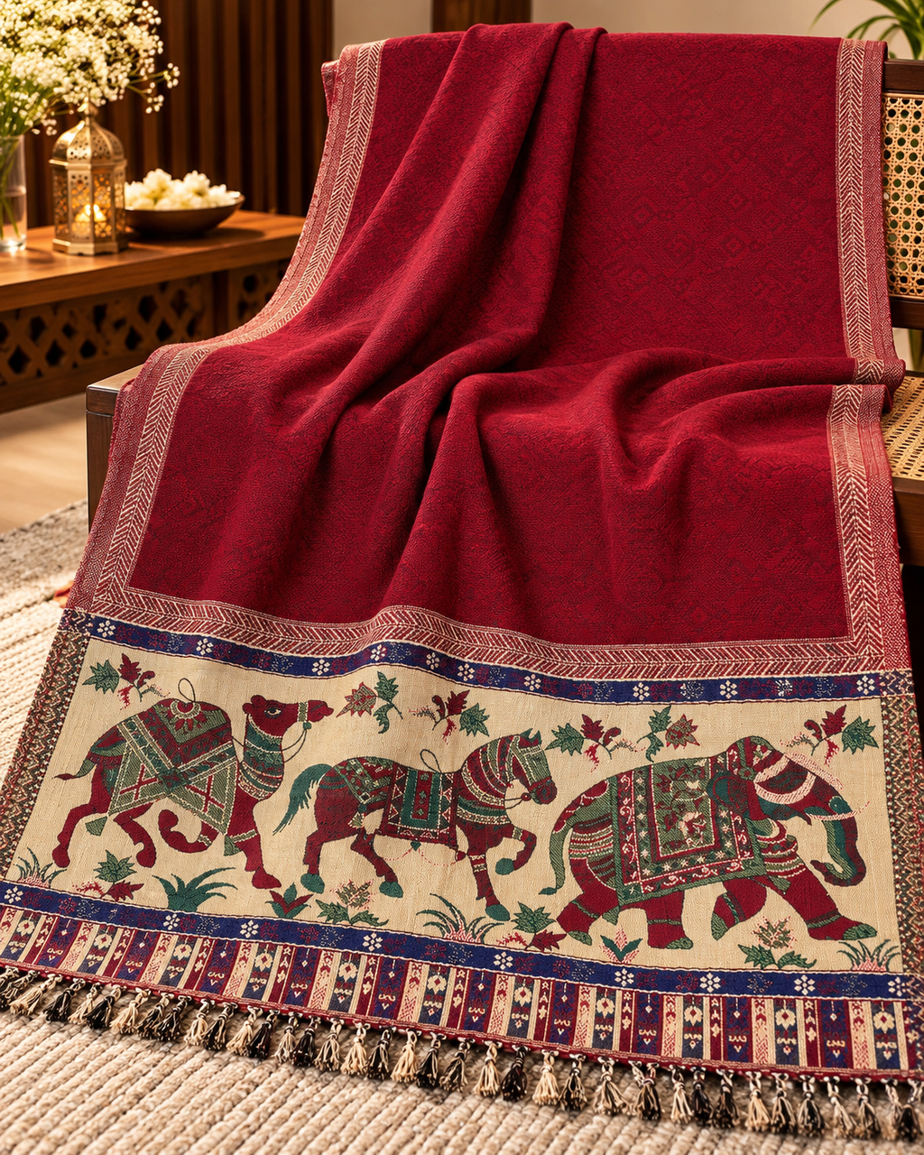 Woollen Ethnic Stole With Zari thread Work - Maroon
