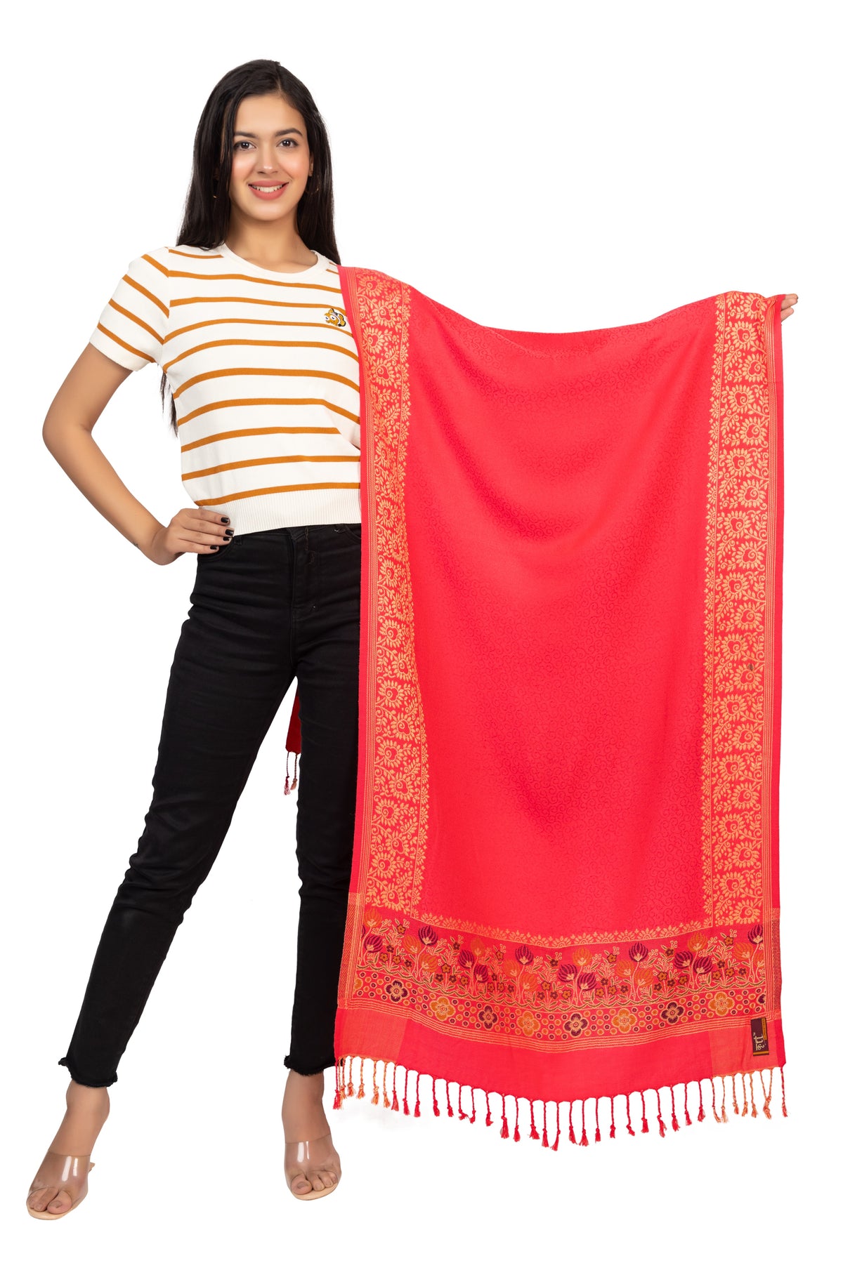 Floral Border Winter Woollen Stole -  Red