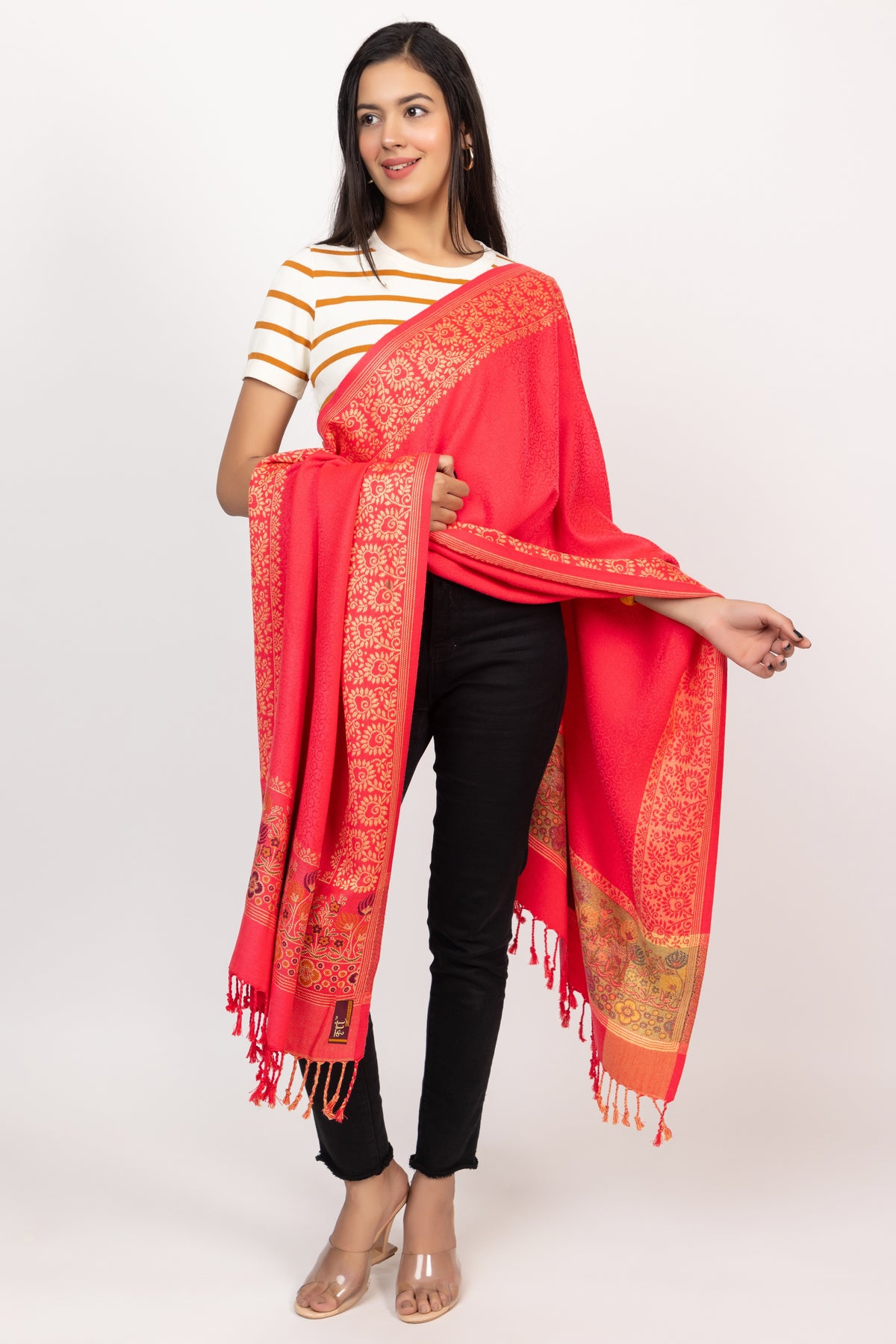 Floral Border Winter Woollen Stole -  Red