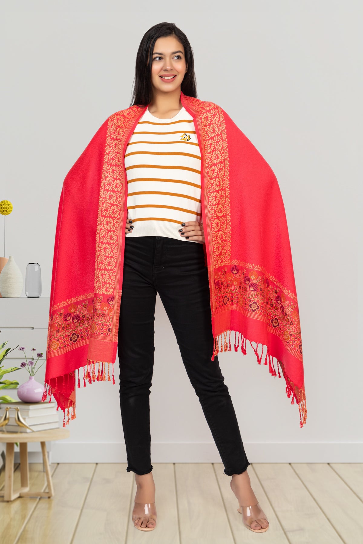 Floral Border Winter Woollen Stole -  Red