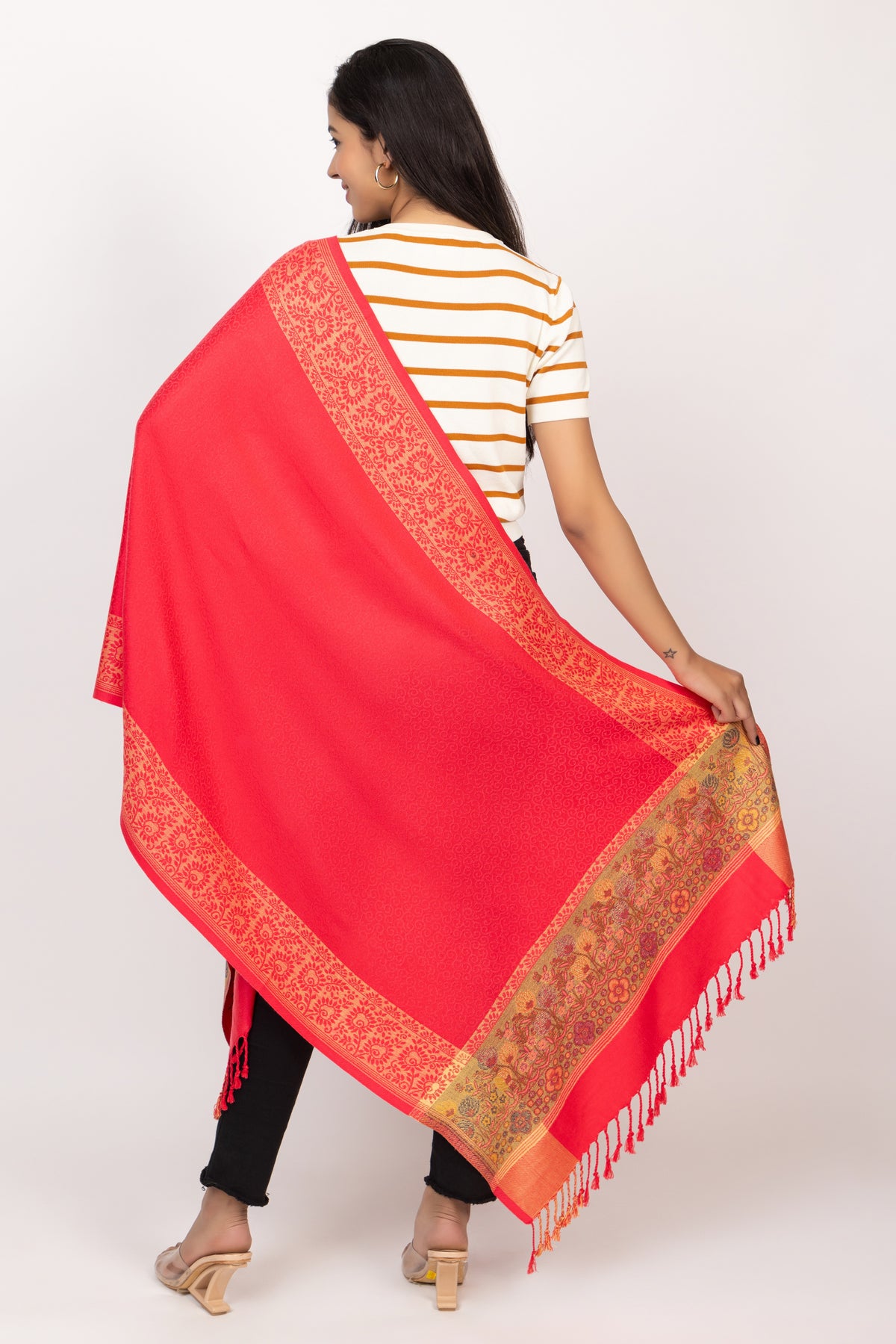 Floral Border Winter Woollen Stole -  Red
