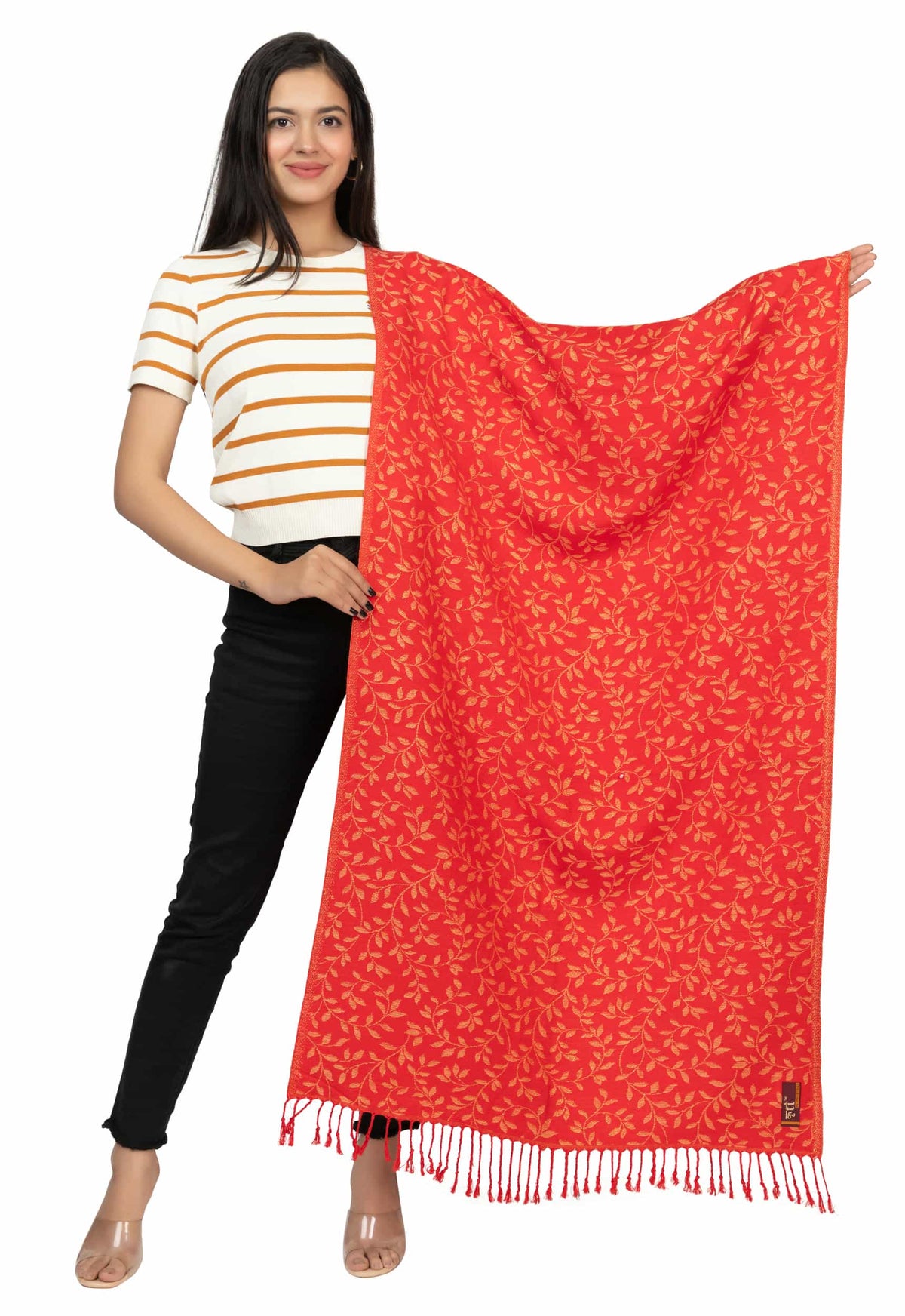 Floral Designer Woolen Red Color Stole For Women