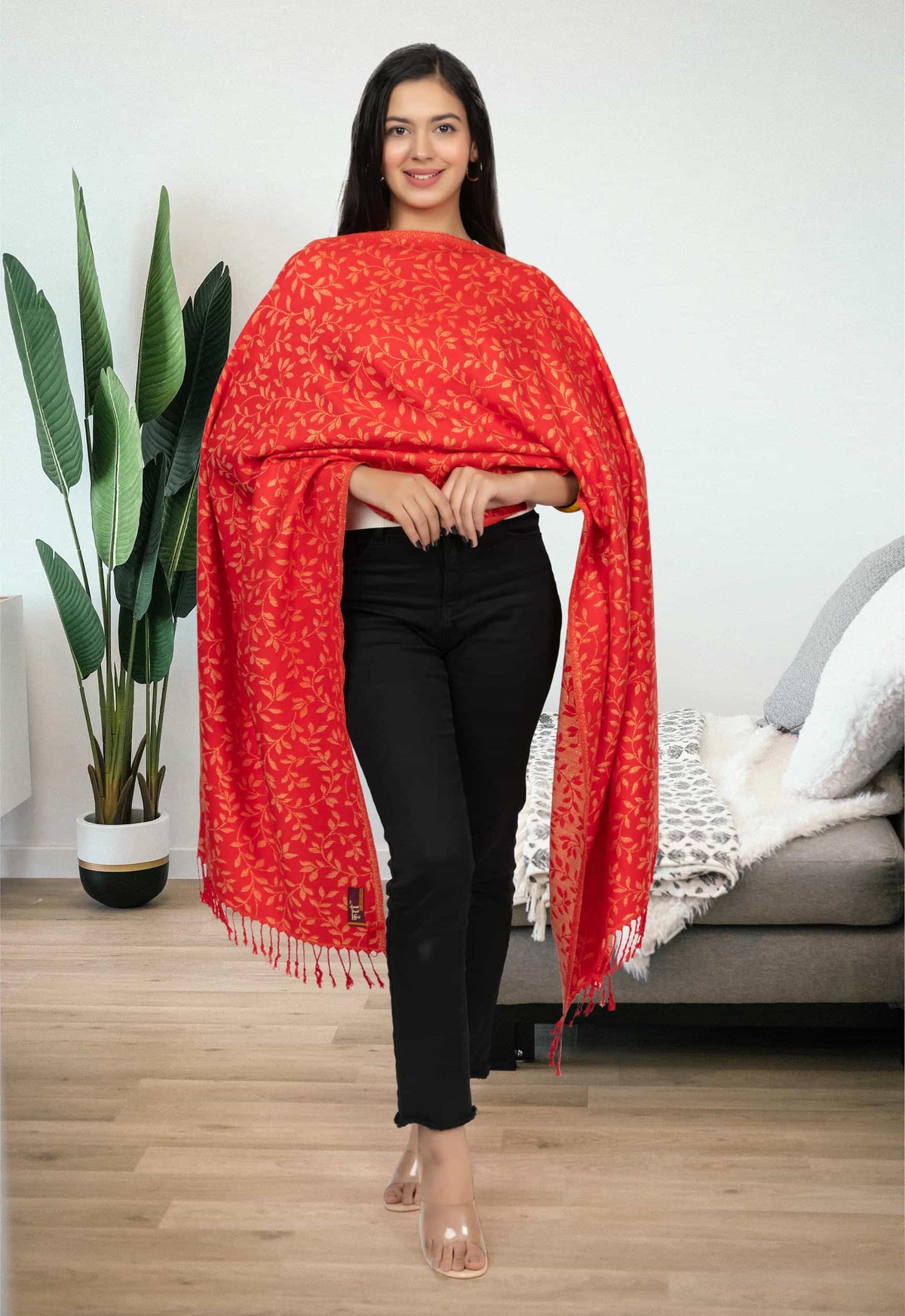 Floral Designer Woolen Red Color Stole For Women