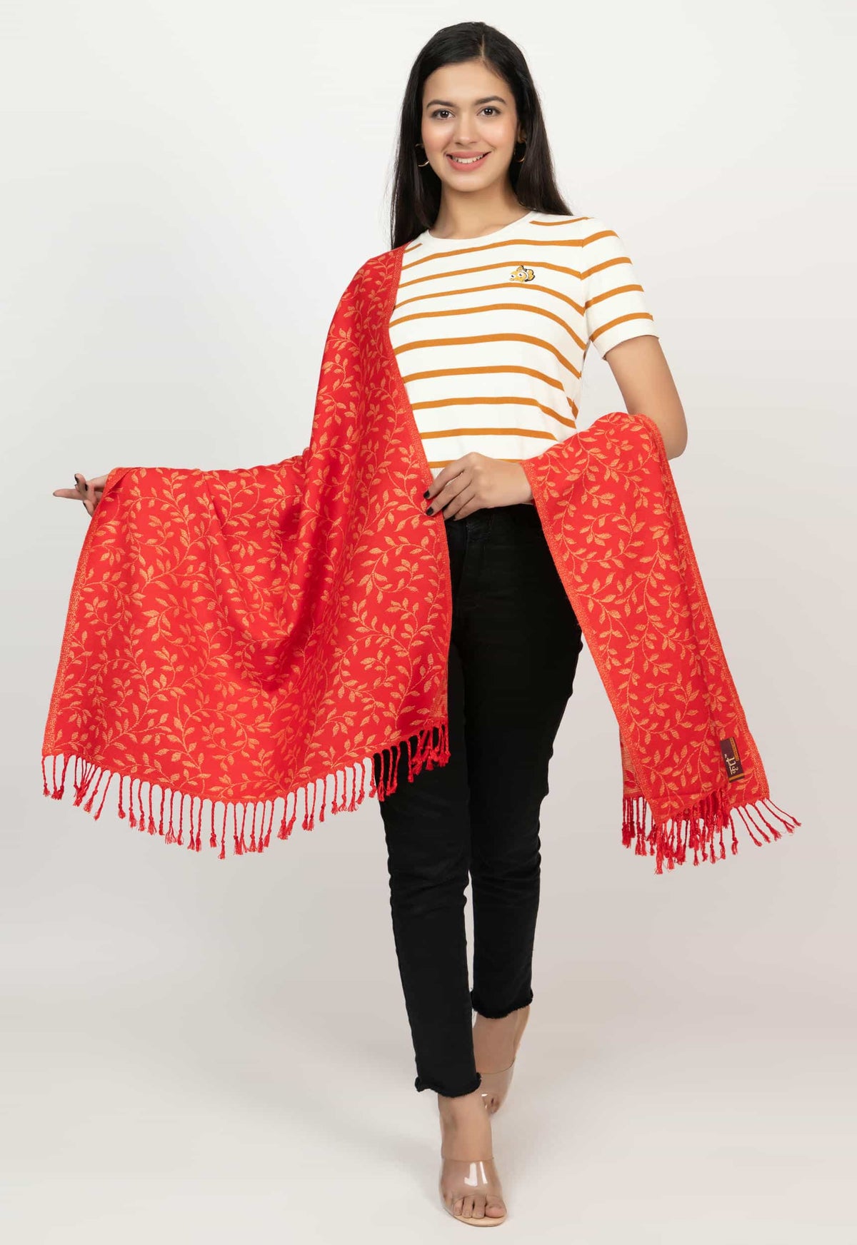 Floral Designer Woolen Red Color Stole For Women