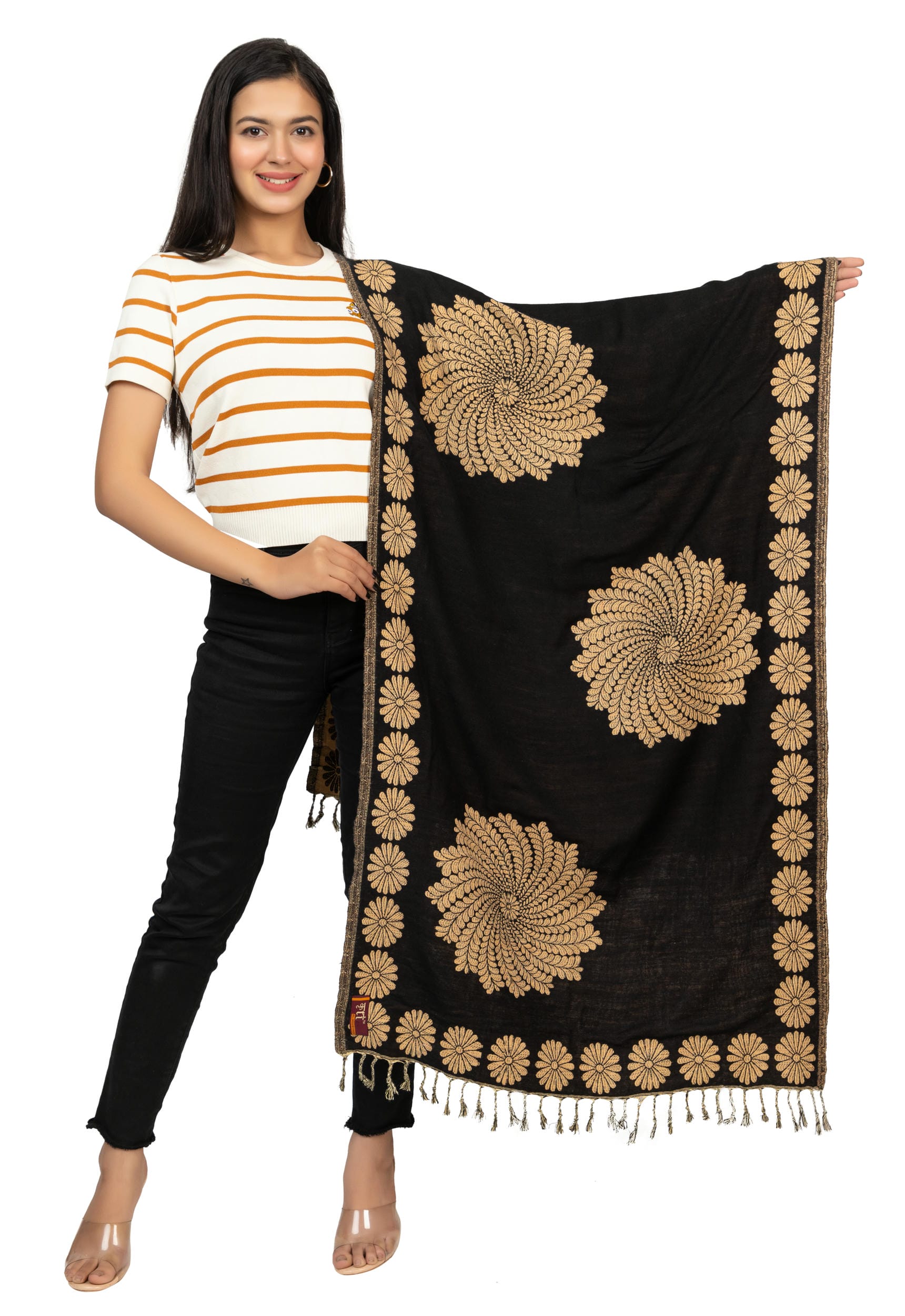 KRITI Floral Embroidery Woollen Black Color Stole For Girl