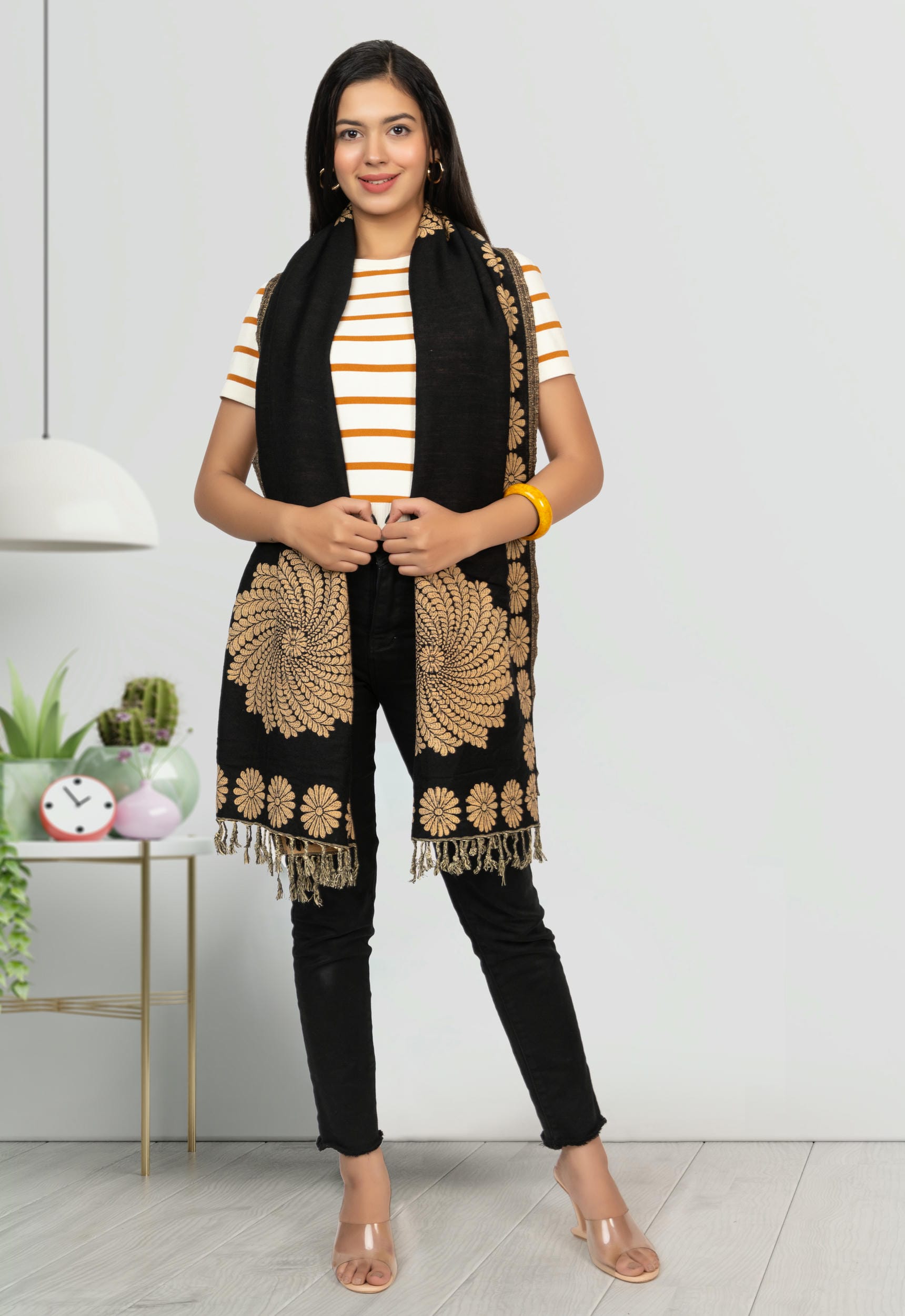 KRITI Floral Embroidery Woollen Black Color Stole For Girl