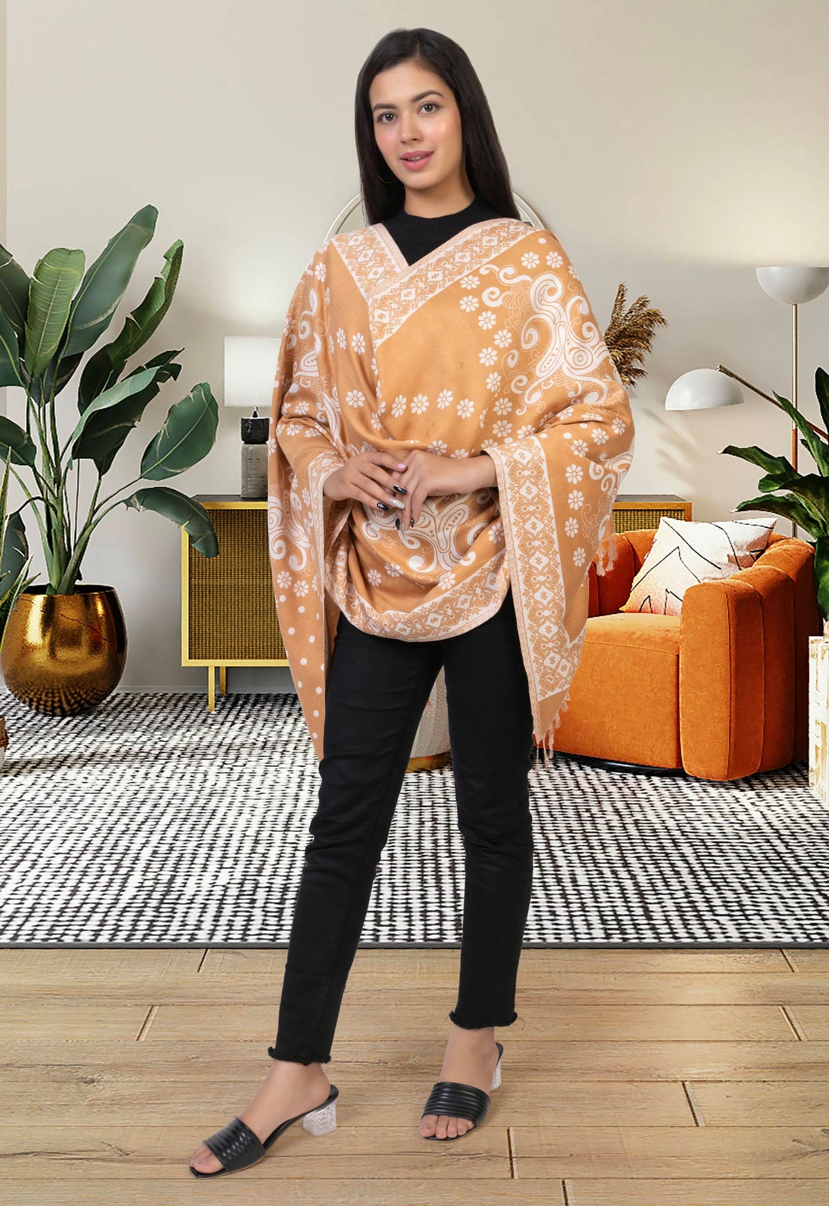 Floral Designer Woolen Stole - Camel