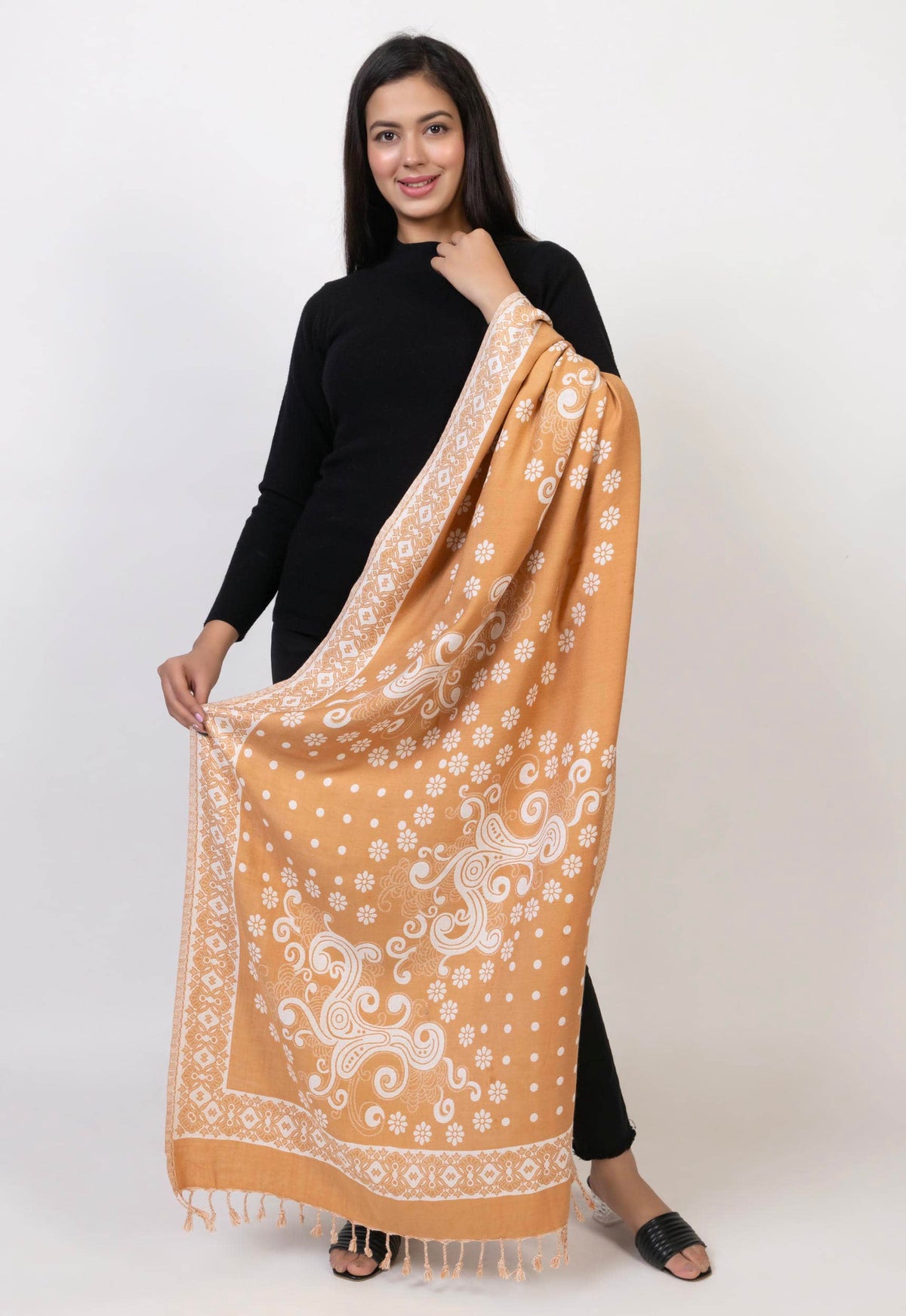Floral Designer Woolen Stole - Camel