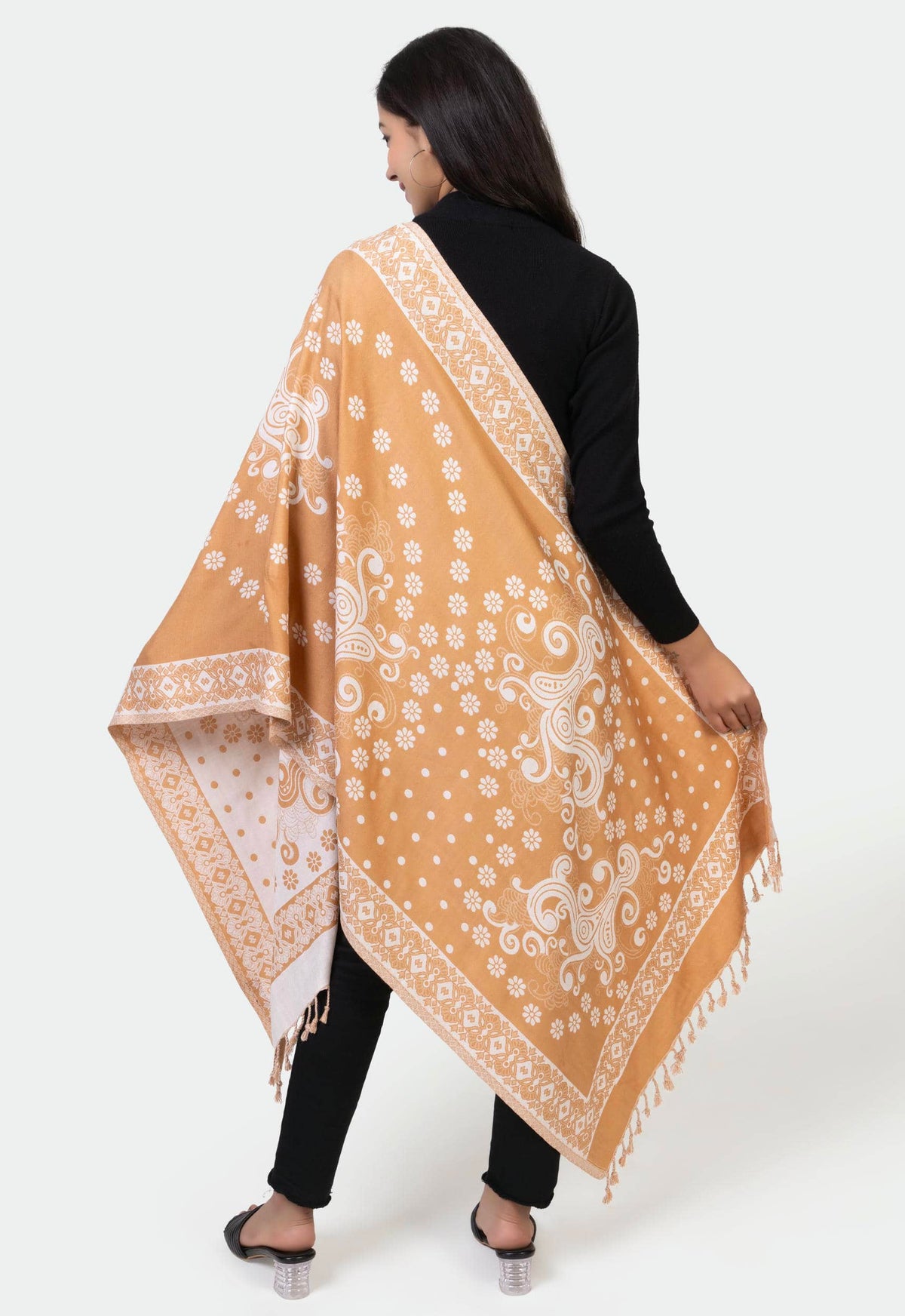 Floral Designer Woolen Stole - Camel