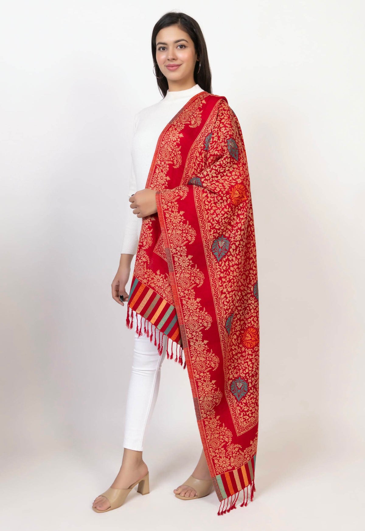 Floral Patterned Woolen Stole For Girl- Red