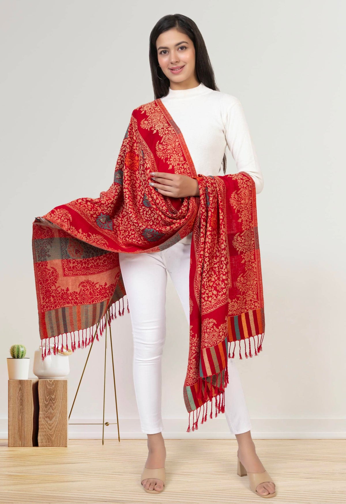 Floral Patterned Woolen Stole For Girl- Red