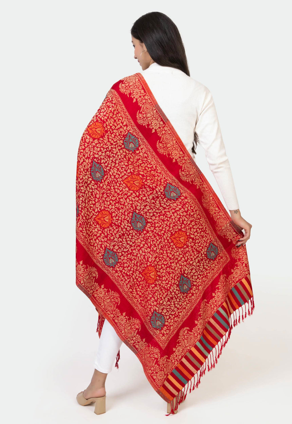 Floral Patterned Woolen Stole For Girl- Red