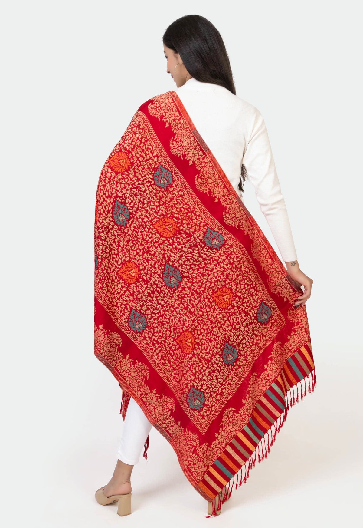 Floral Patterned Woolen Stole For Girl- Red