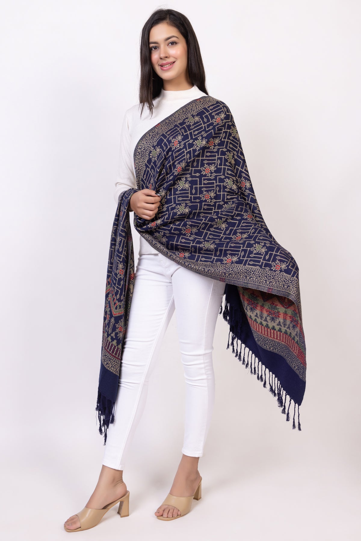 Floral Designer Woollen Stole- Navy