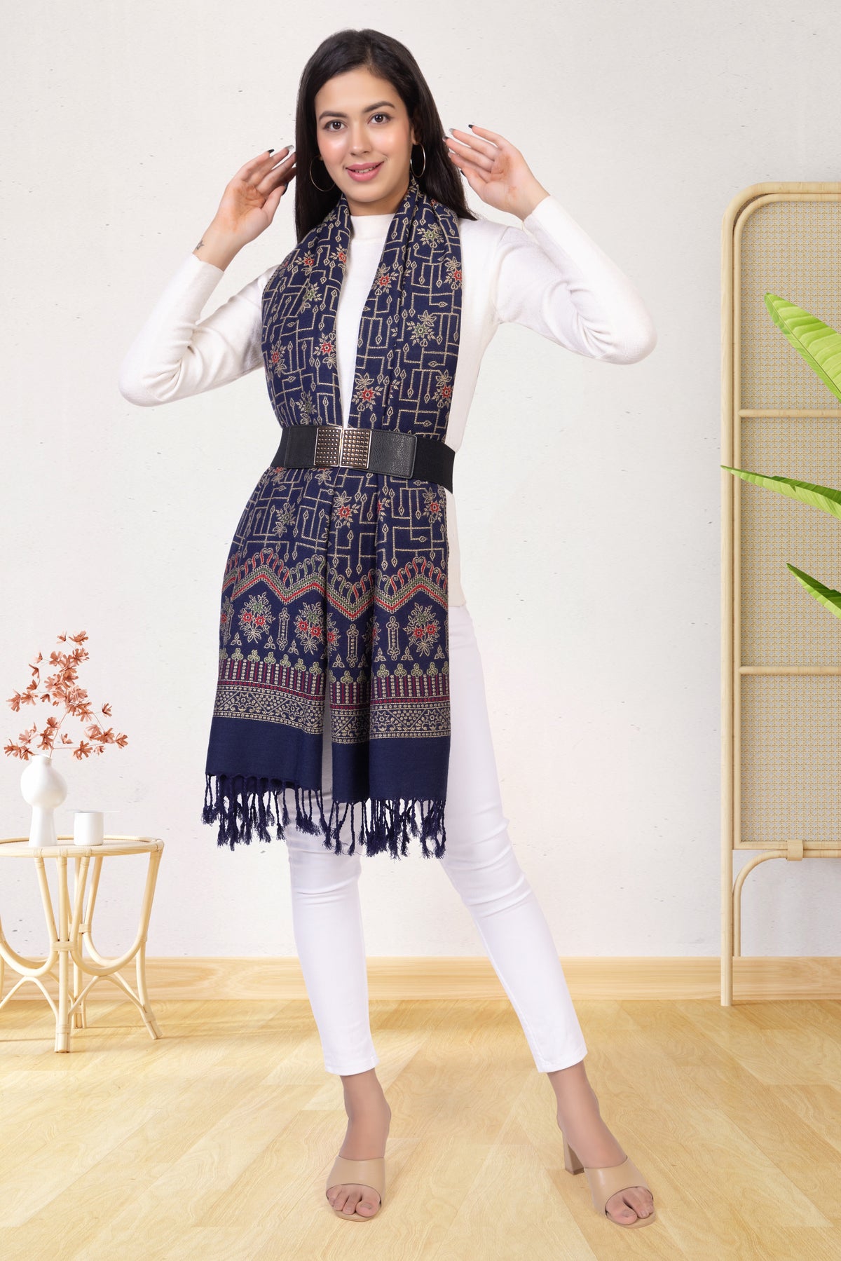 Floral Designer Woollen Stole- Navy