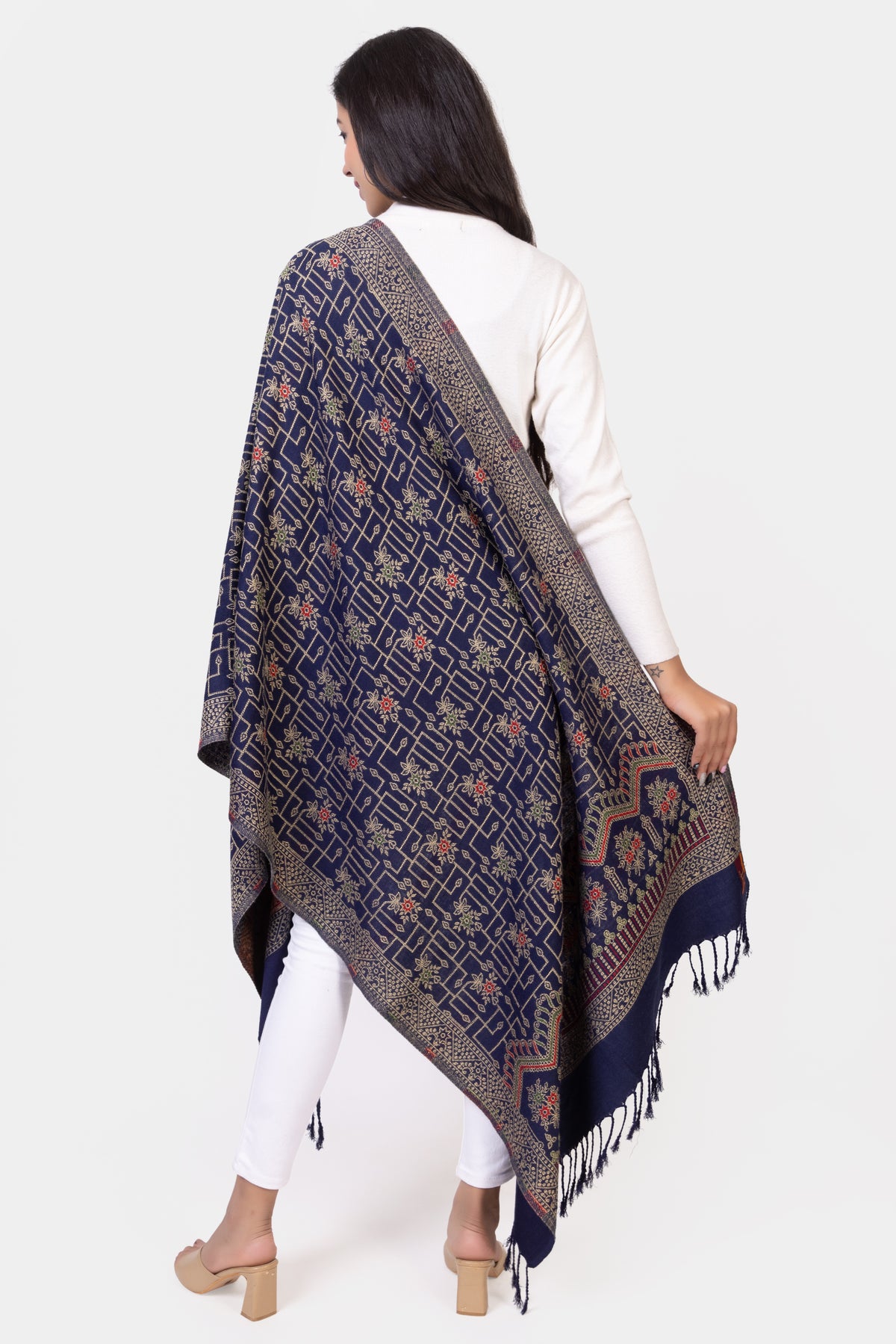 Floral Designer Woollen Stole- Navy