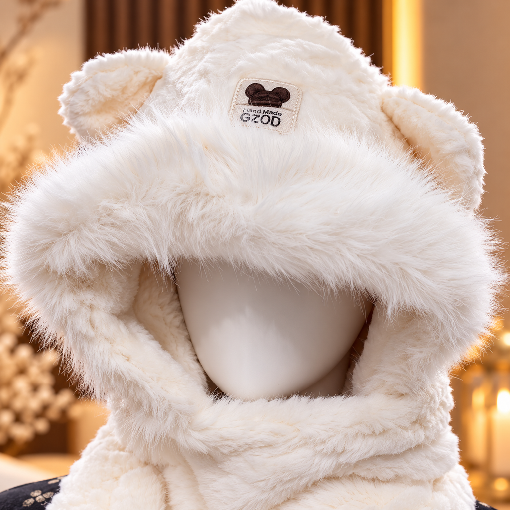 Faux Fur Teddy Bear Hooded Cap with Neck Warmer - White