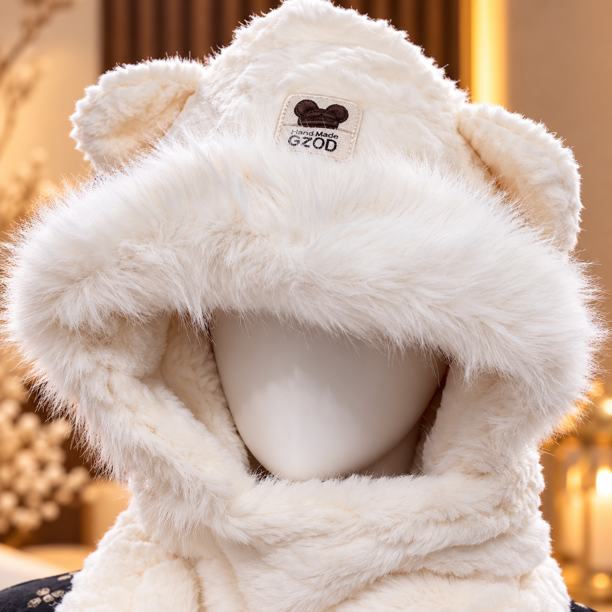 Faux Fur Teddy Bear Hooded Cap with Neck Warmer - White