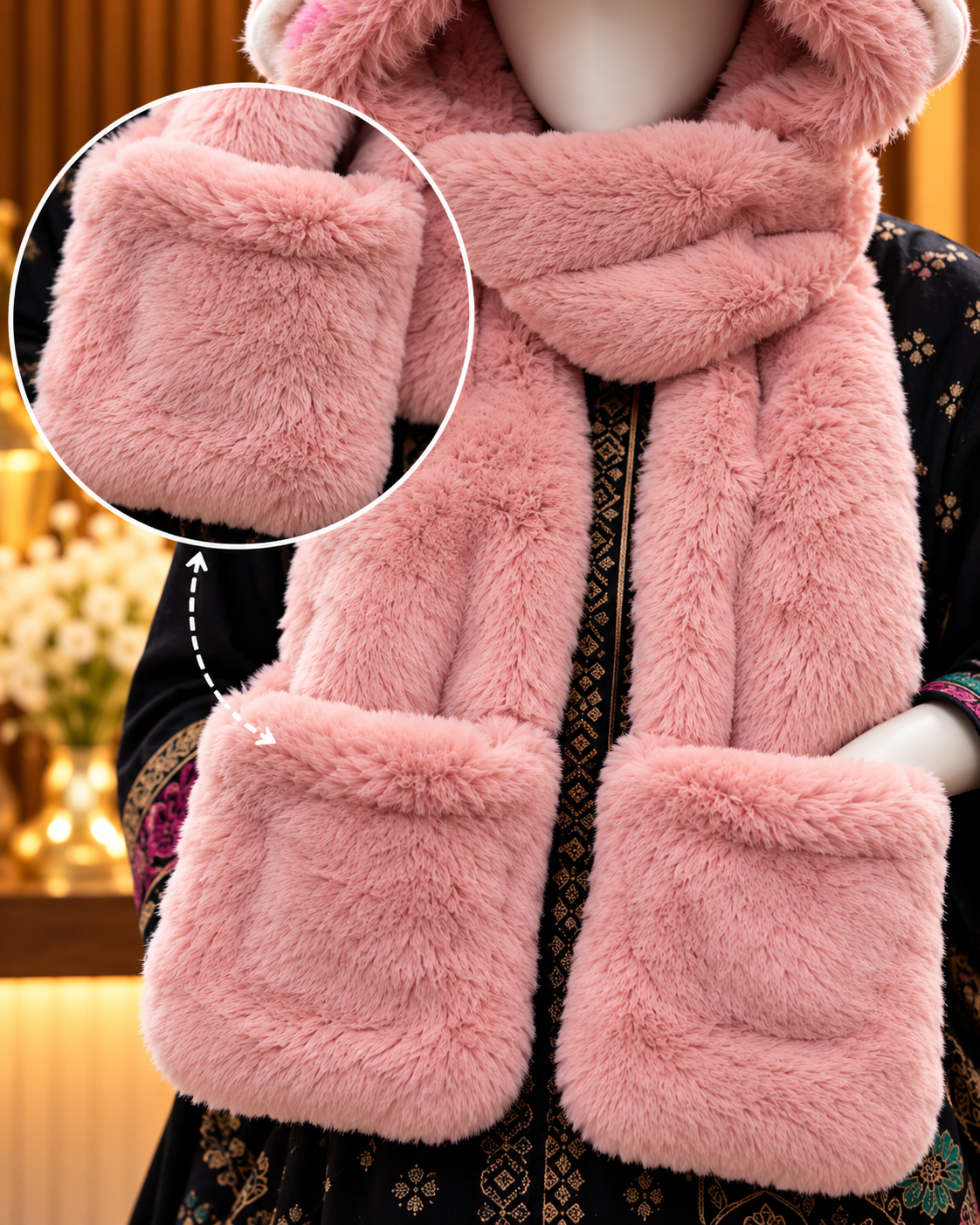 Faux Fur Teddy Bear Hooded Cap with Neck Warmer - Pink