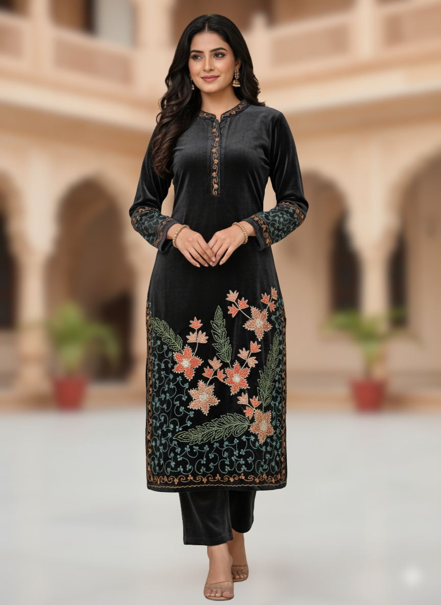 KRITI Winter Velvet 3 Piece Kurti Set Black Color For Women