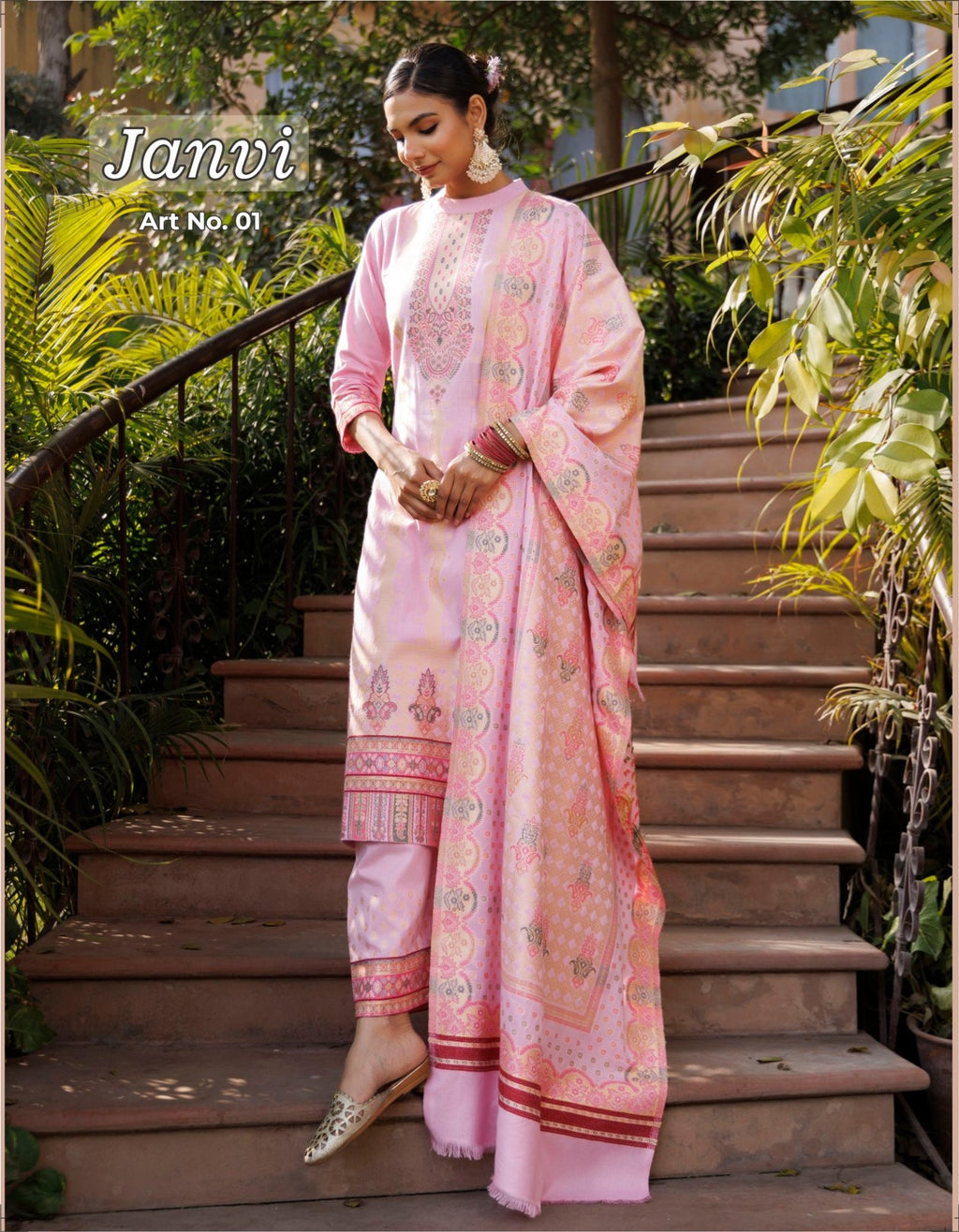 Cotton Silk Collar Pant Suit 3 Pcs- Pink