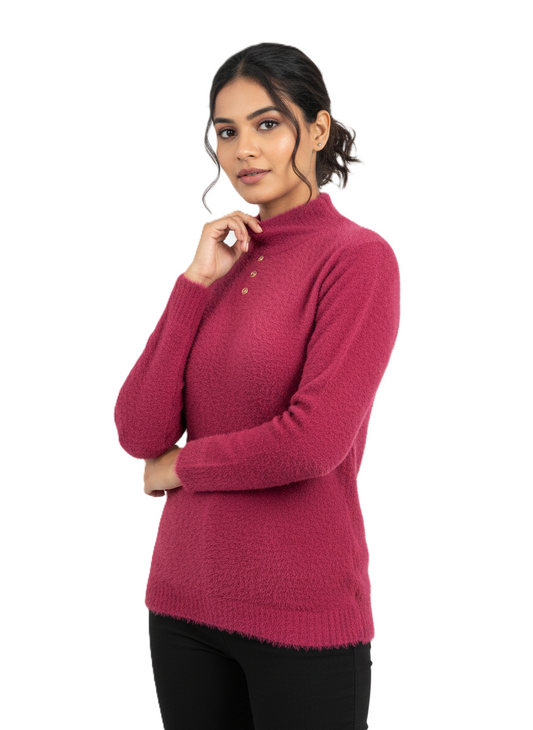 KRITI Winter Hair Wool Mock Neck Top Megenta Colour For Women