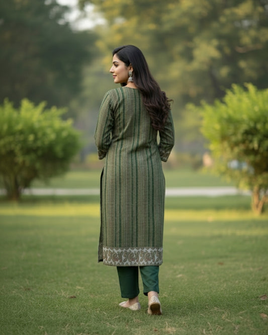 KRITI Winter Woolen Digital Print Stitched Suit Green Color For Women