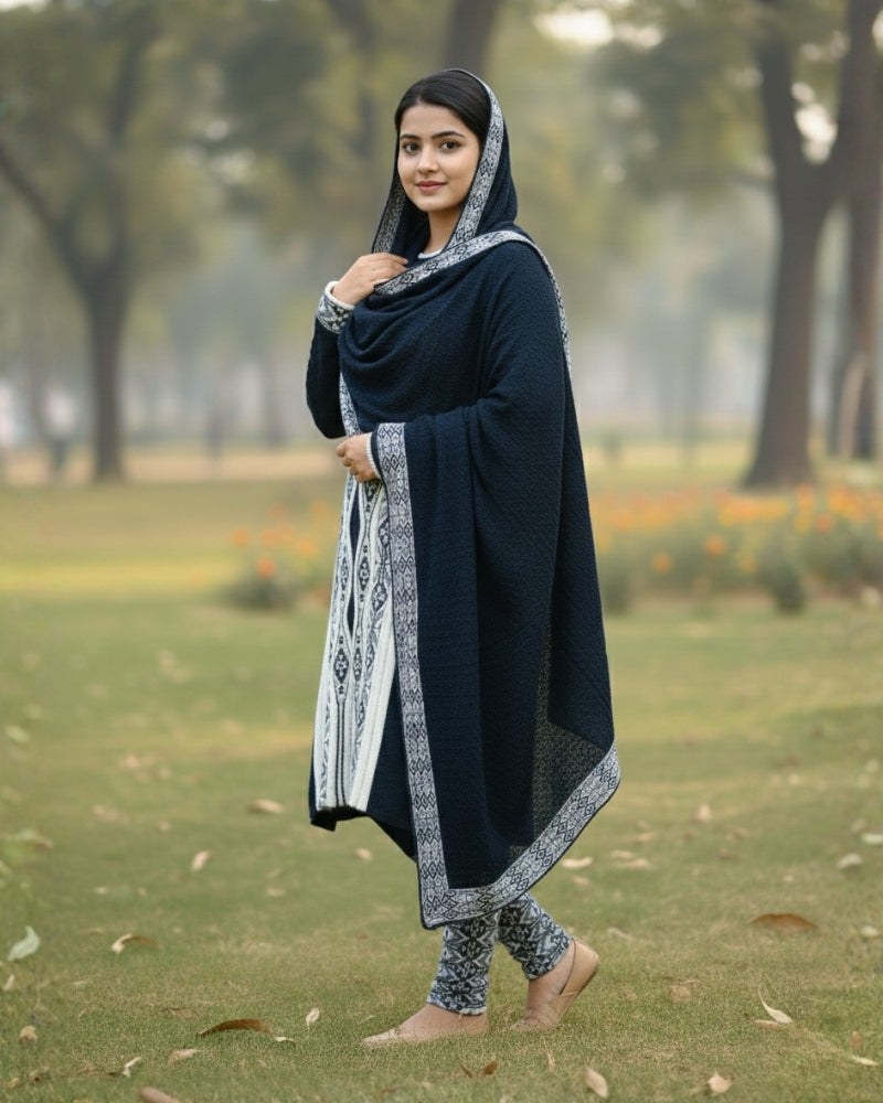 Full Sleeve Knee Length Hair Wool Fabric Navy Color 3 PC Kurti Set For Women